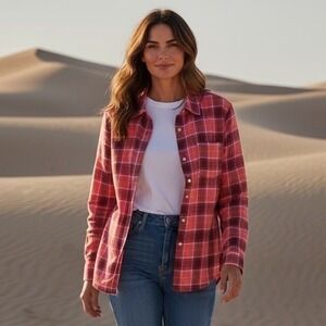 TALBOTS Women's Red Pink Plaid Long Sleeve Button‎ Down Shirt Top XL Cotton #